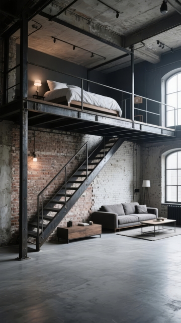 工业风 loft 空间带阁楼床和楼梯