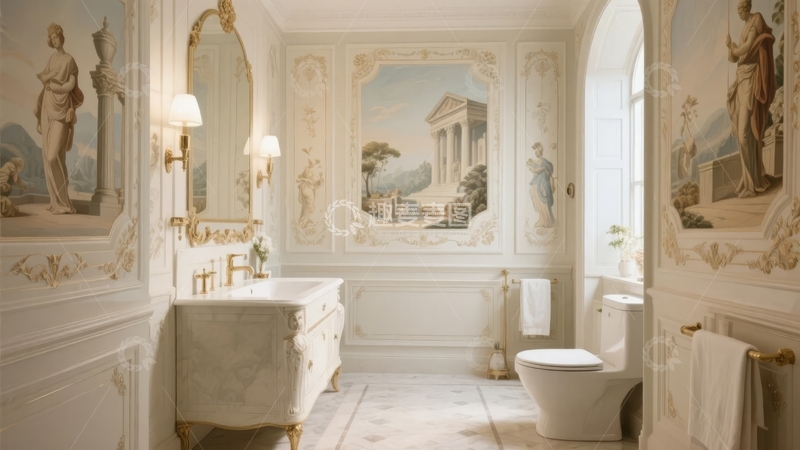 高清大图下载【趣麦麦图】典雅复古风格浴室装饰壁画与精致洁具组合