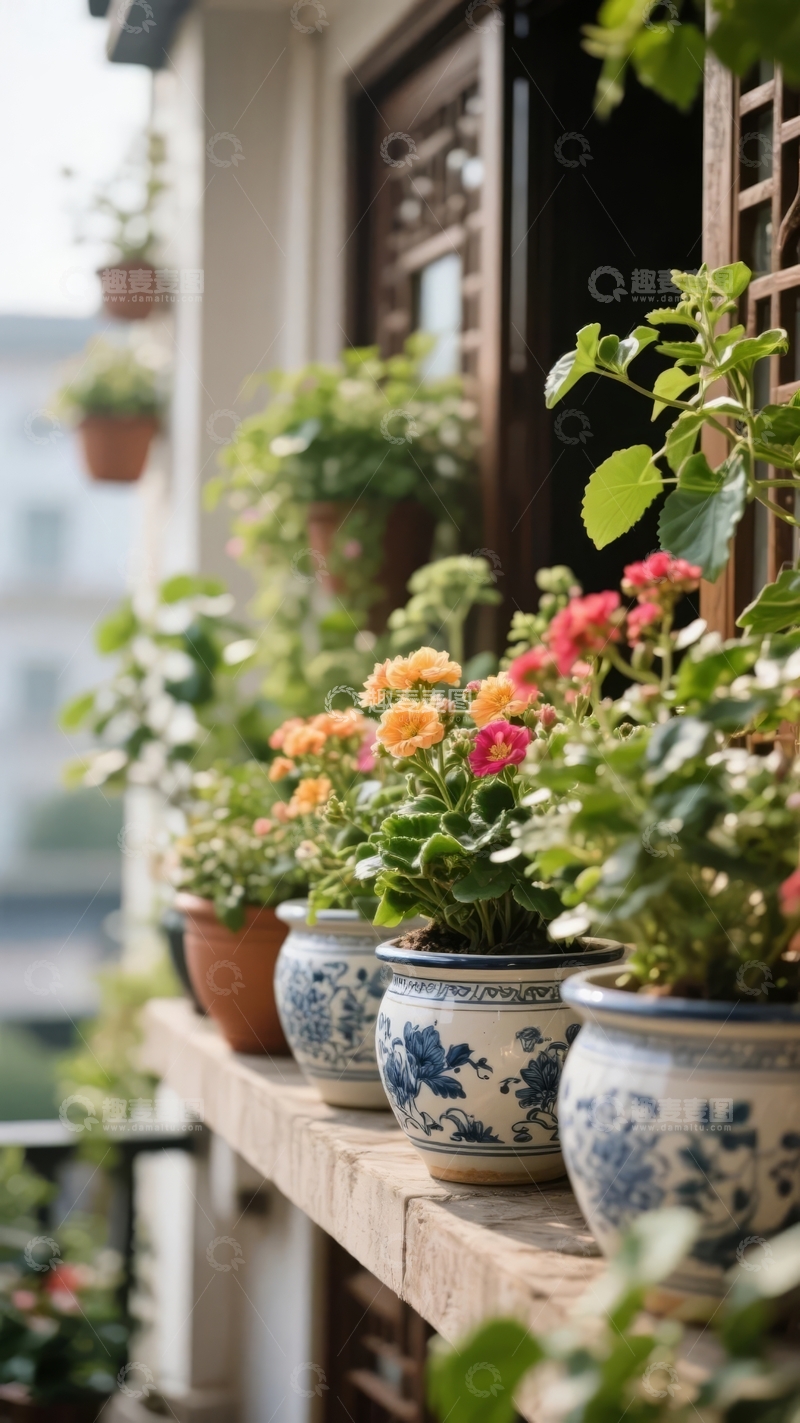 高清大图下载【趣麦麦图】窗台盆栽花卉色彩斑斓生机盎然