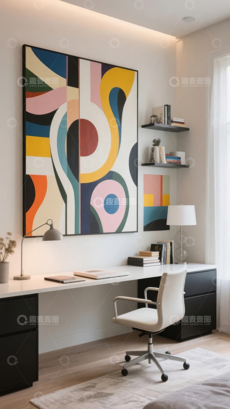 高清大图下载【趣麦麦图】现代简约风格的书房内摆放着抽象艺术画和办公用品