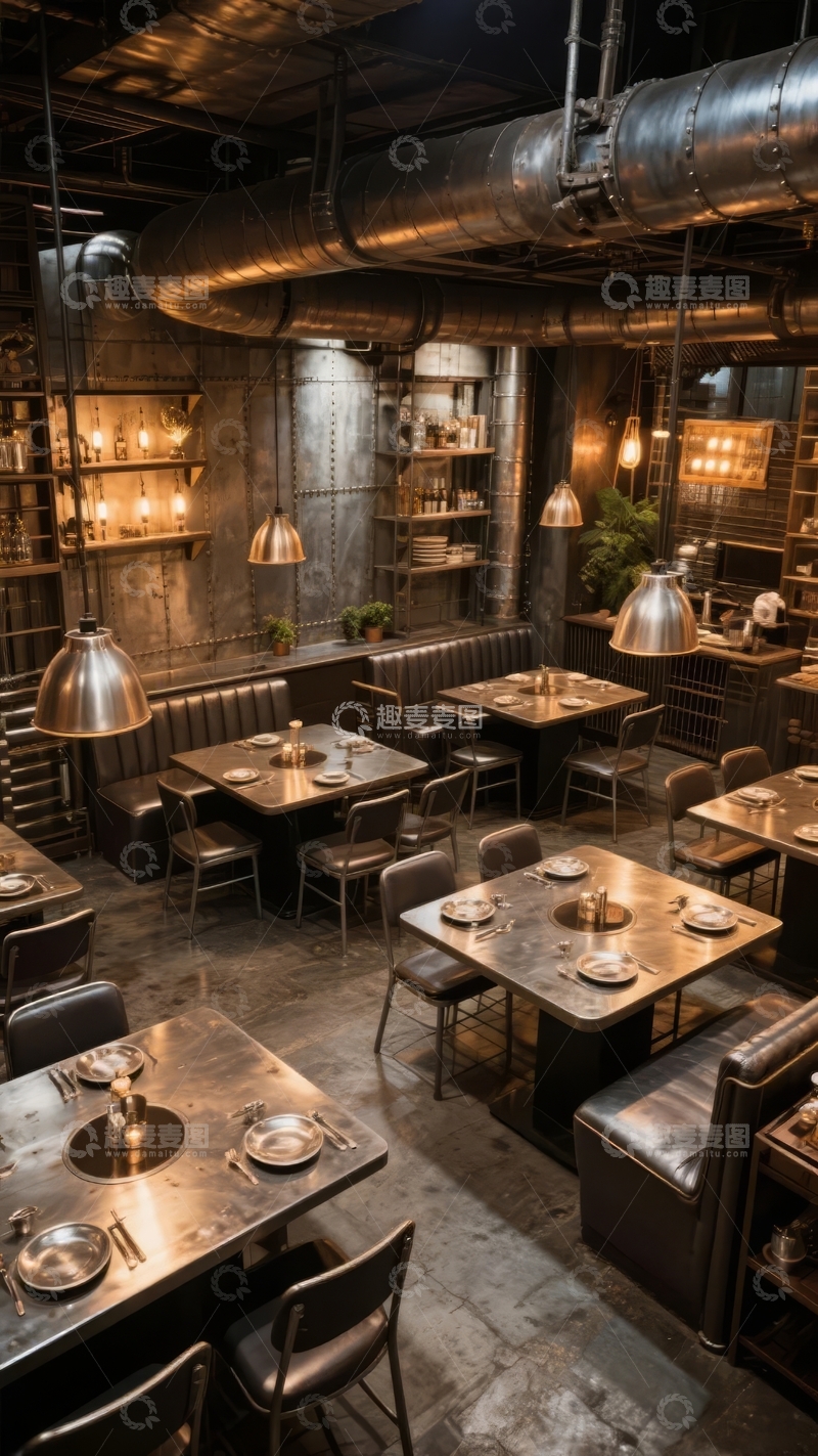 高清大图下载【趣麦麦图】工业风格餐厅内部装潢金属管道与复古灯具