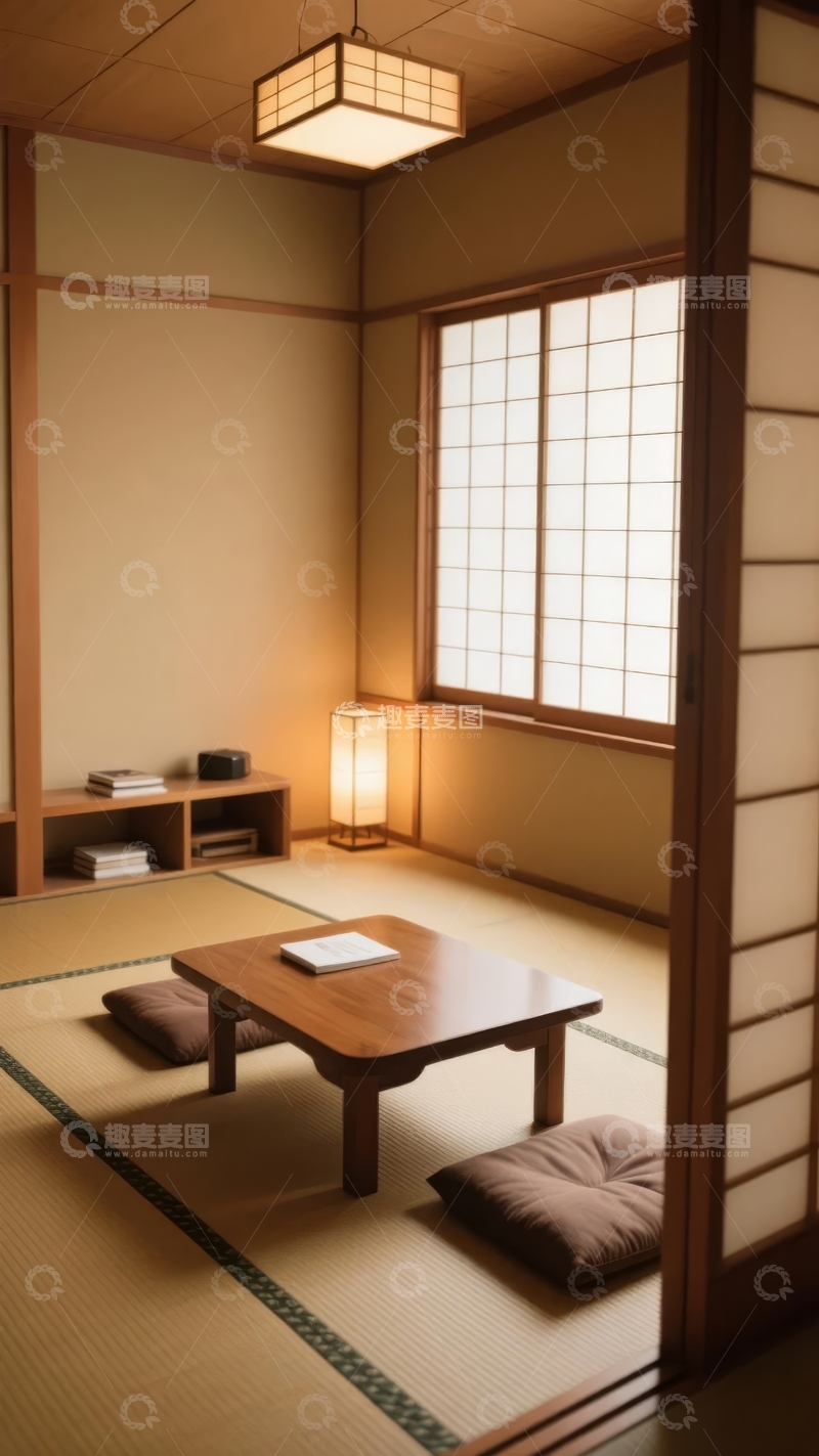 高清大图下载【趣麦麦图】日式传统房间内摆放着矮桌和坐垫