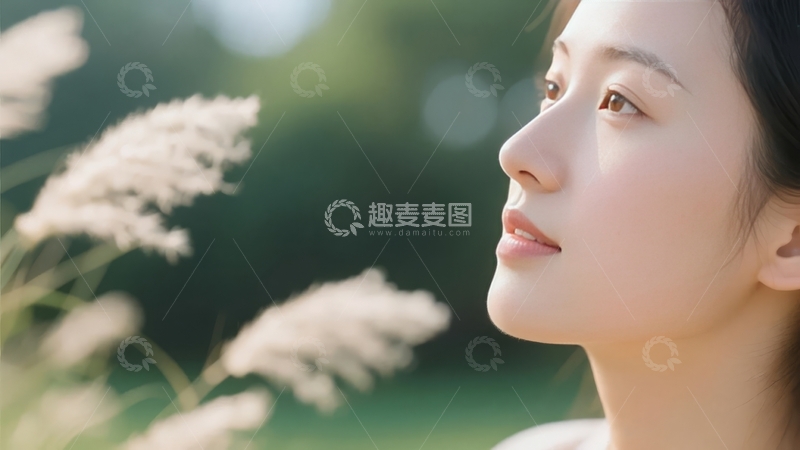 高清大图下载【趣麦麦图】女子侧脸凝视远方背景为模糊芦苇与绿植