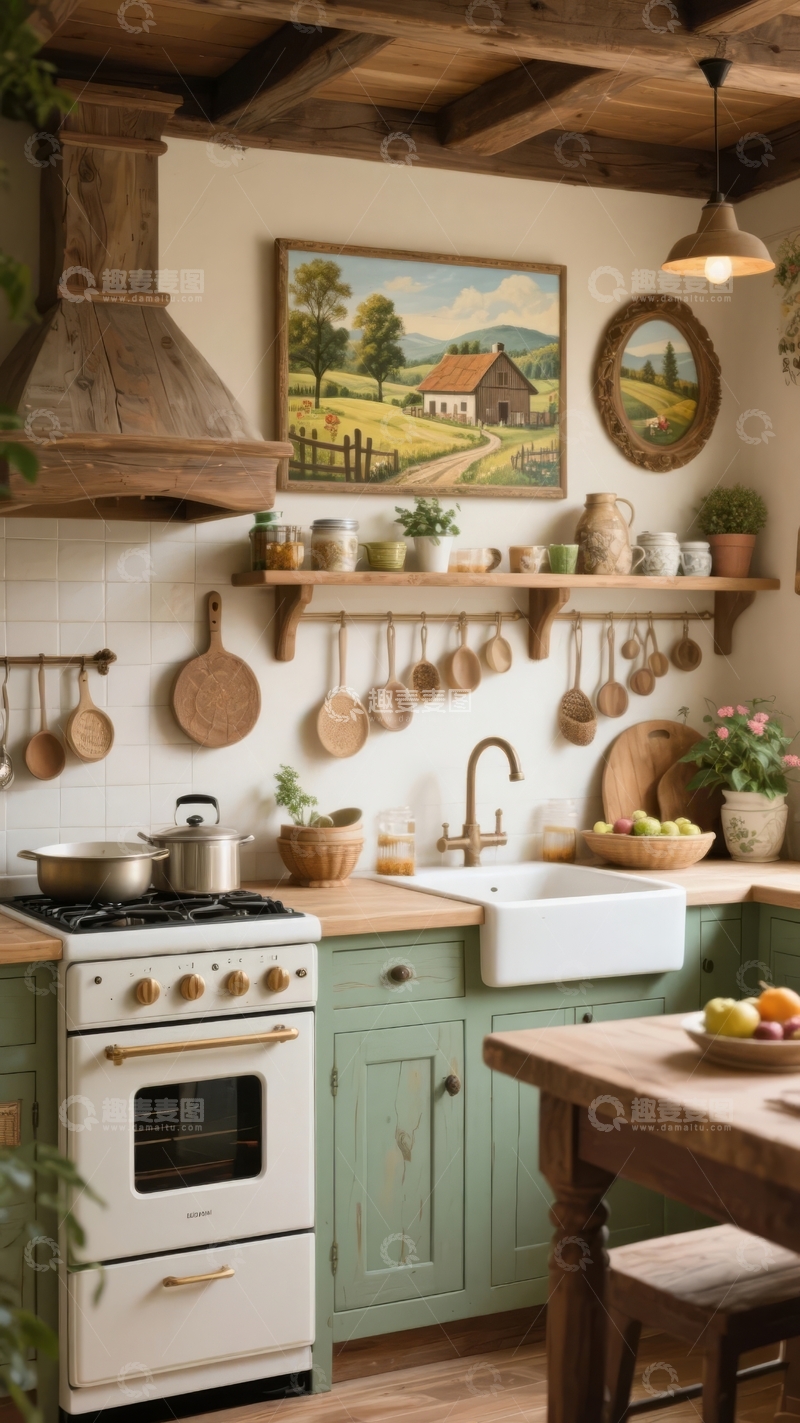 高清大图下载【趣麦麦图】乡村风格厨房展示木质天花板与绿色橱柜