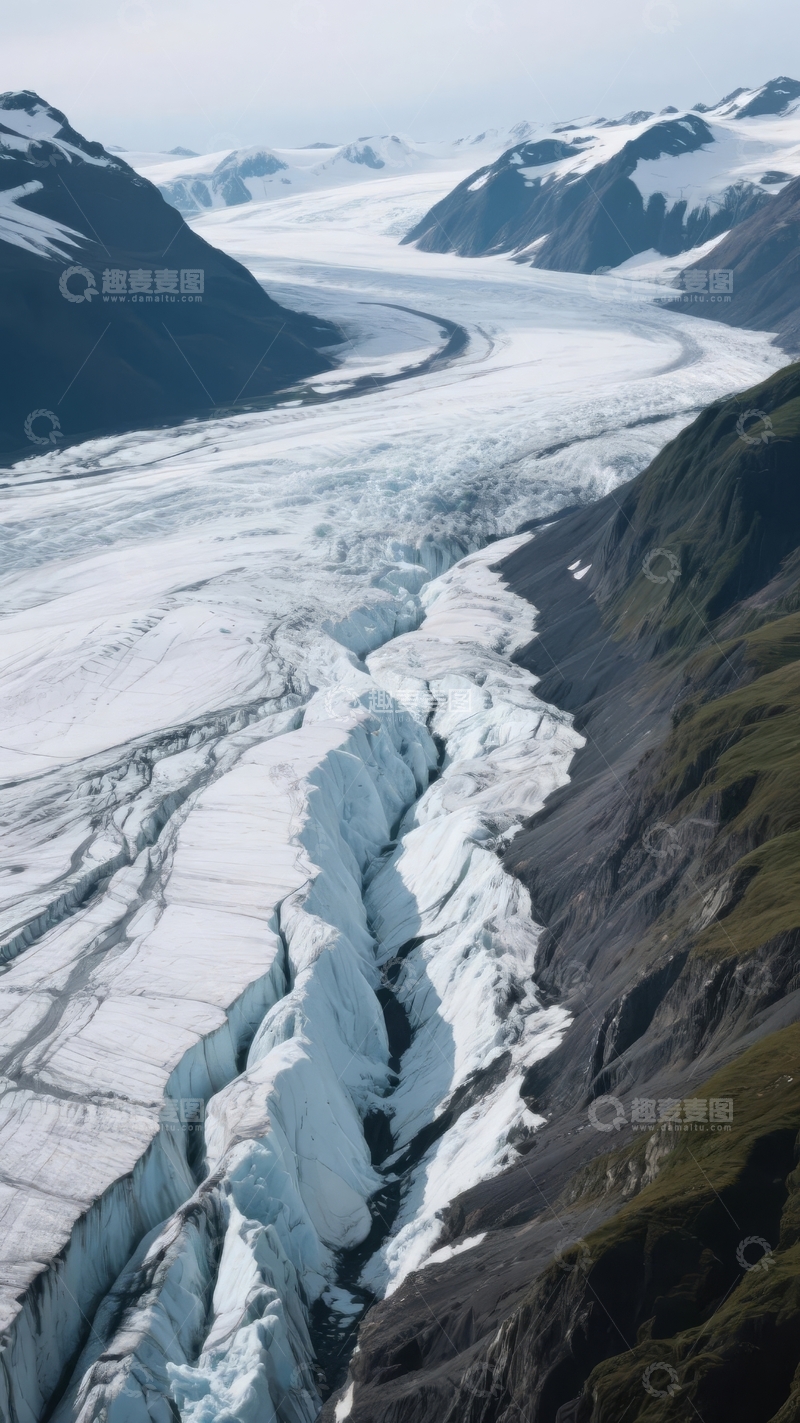 高清大图下载【趣麦麦图】-壮丽冰川蜿蜒山谷间雪峰环绕