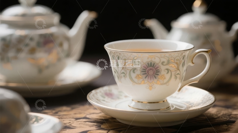 高清大图下载【趣麦麦图】精致花纹茶杯与茶壶摆放在木质桌面上
