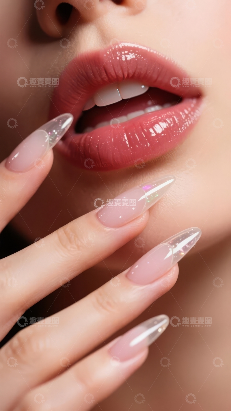 高清大图下载【趣麦麦图】特写镜头展示涂有粉色唇彩和透明美甲的女性嘴唇