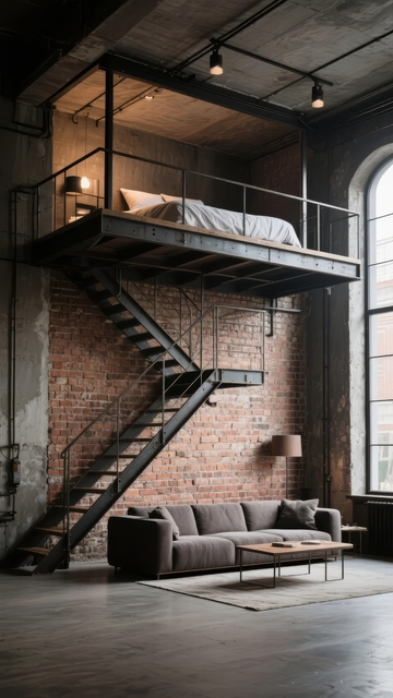工业风 loft 空间带金属楼梯和砖墙