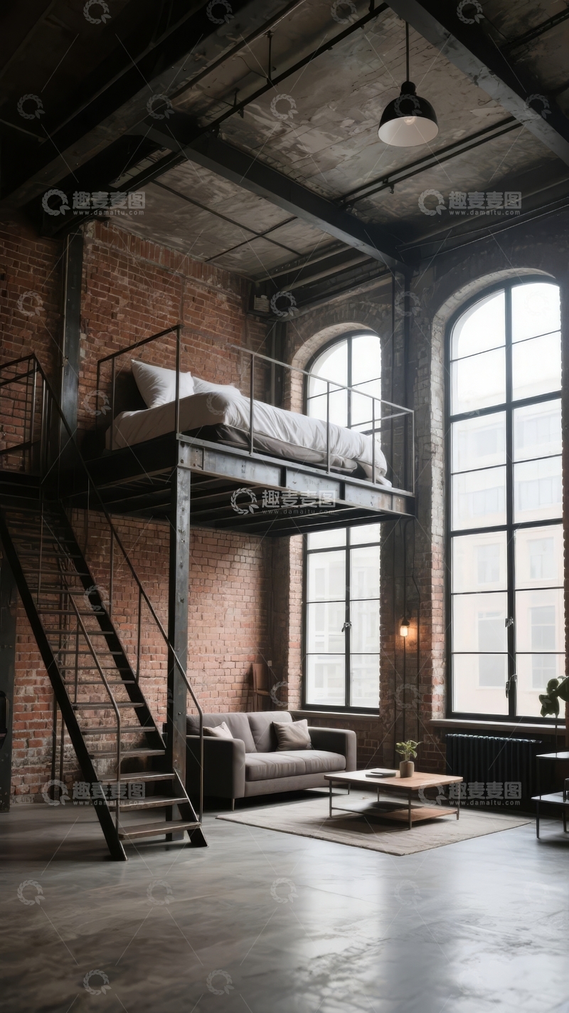 高清大图下载【趣麦麦图】工业风 loft 空间带高窗和金属楼梯