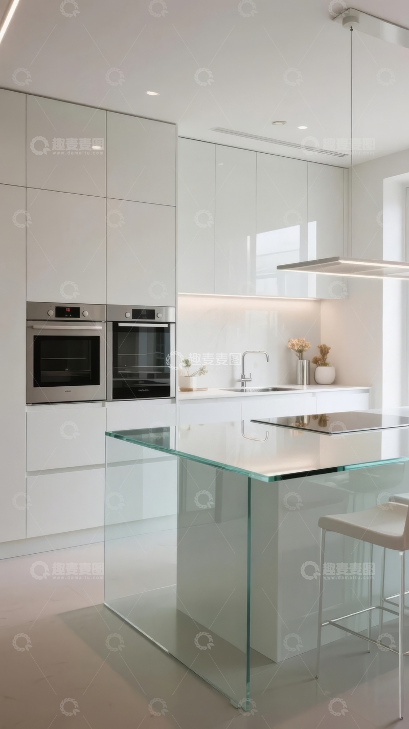 高清大图下载【趣麦麦图】现代简约风格厨房设计配备嵌入式电器和透明岛台