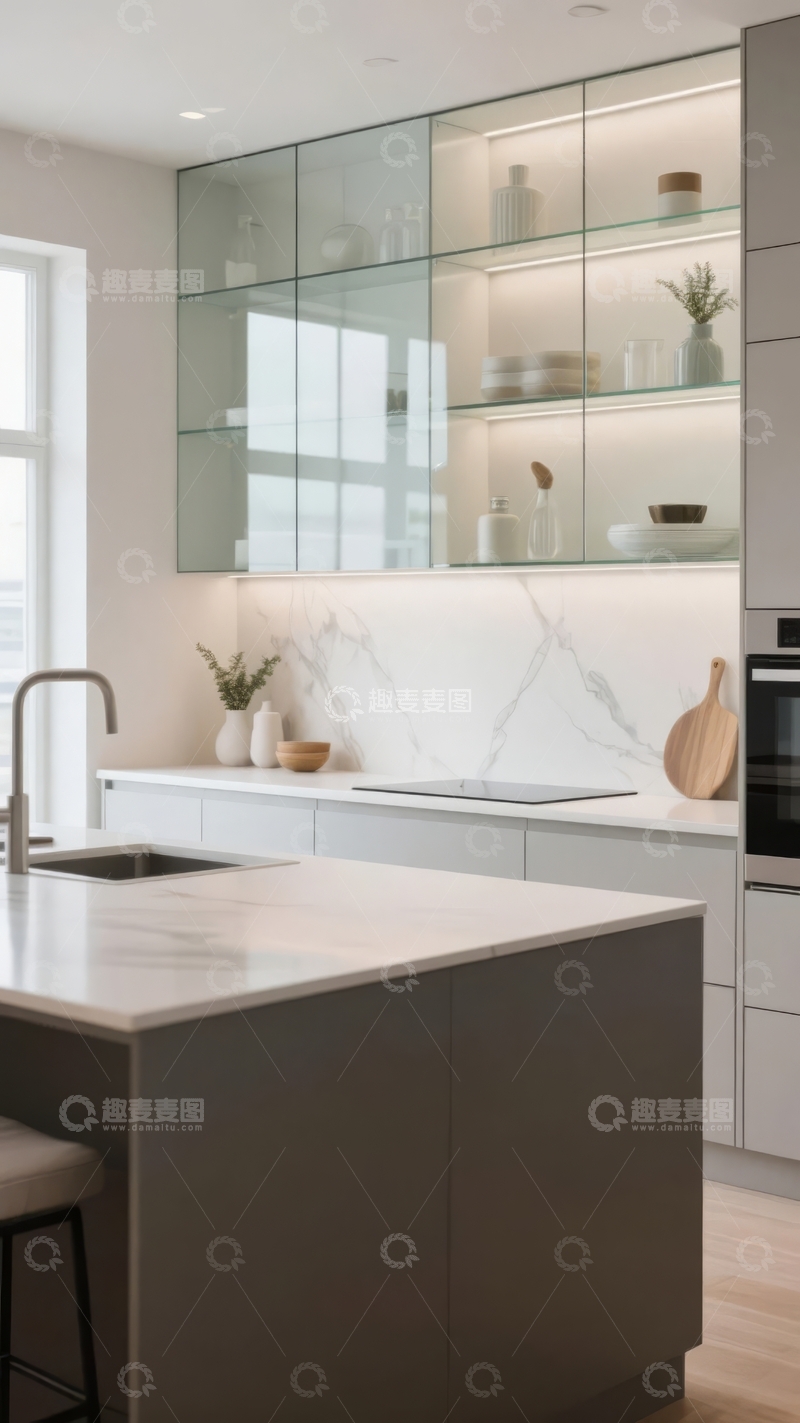 高清大图下载【趣麦麦图】现代厨房设计展示玻璃橱柜与大理石台面