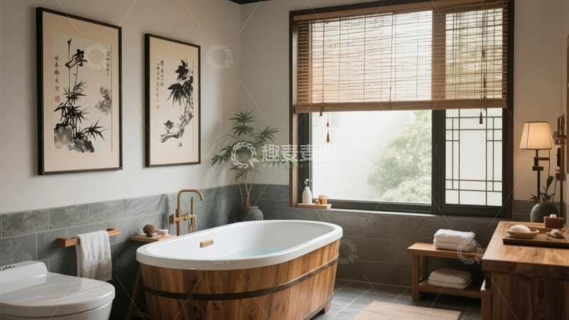 高清大图下载【趣麦麦图】日式风格浴室配备木质浴缸和传统装饰画