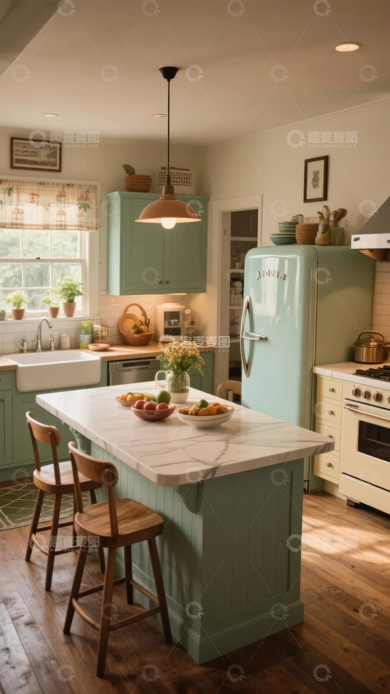 高清大图下载【趣麦麦图】复古风格厨房配浅蓝色橱柜和白色台面