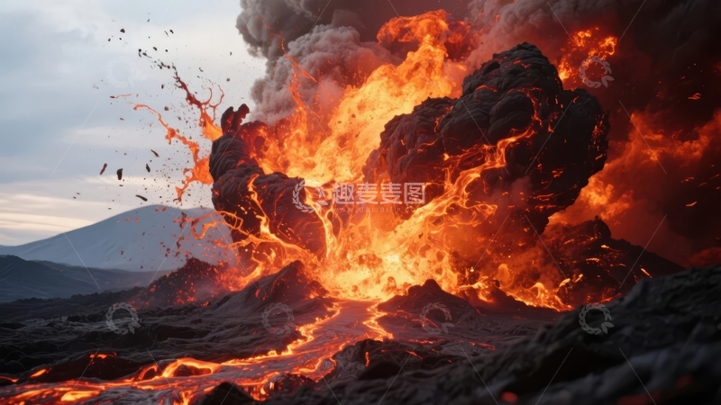 高清大图下载【趣麦麦图】-火山剧烈喷发岩浆四溅烟雾升腾