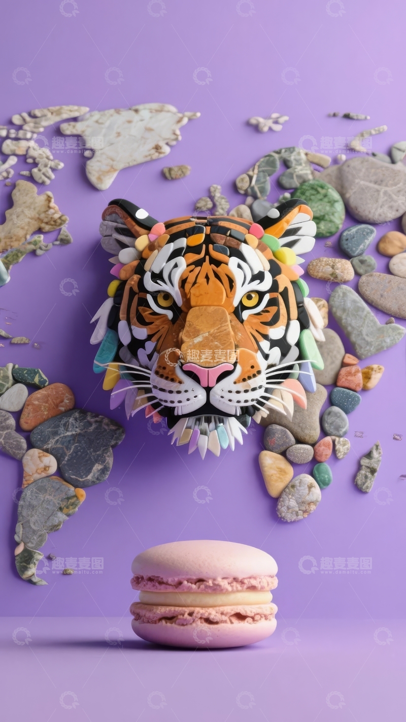 高清大图下载【趣麦麦图】色彩斑斓的老虎头像与粉色马卡龙置于紫色背景之上