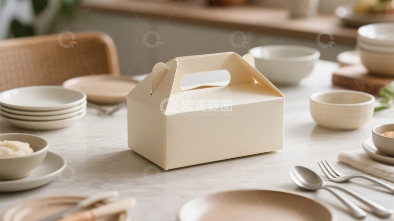 高清大图下载【趣麦麦图】米色便当盒置于摆满餐具的餐桌中央