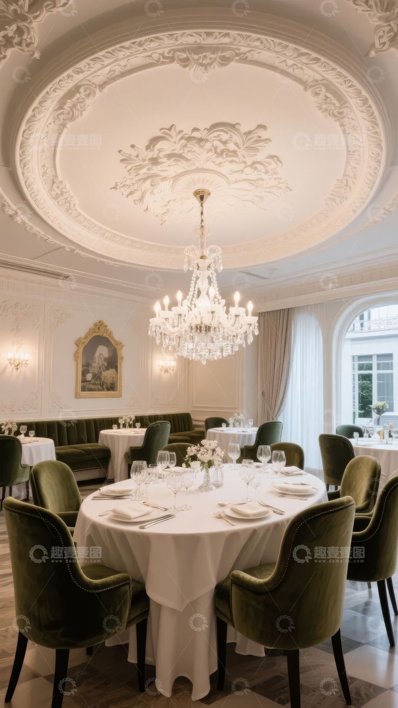 高清大图下载【趣麦麦图】豪华餐厅内部装饰精美吊灯餐桌布置优雅