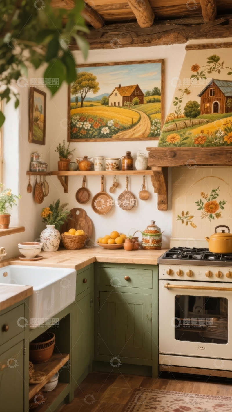 高清大图下载【趣麦麦图】乡村风格厨房装饰有田园画和木质元素