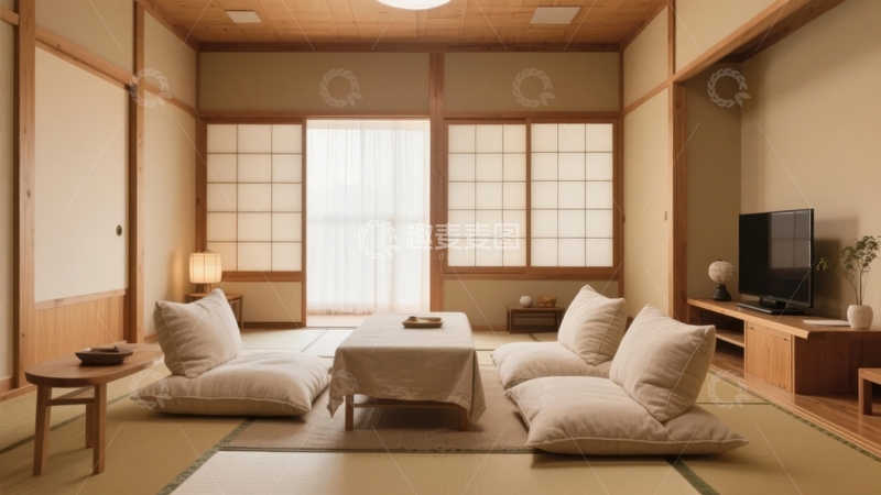 高清大图下载【趣麦麦图】日式风格室内空间摆放着榻榻米和低矮家具