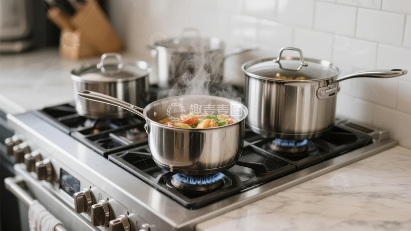高清大图下载【趣麦麦图】厨房燃气灶上不锈钢锅具烹饪食物
