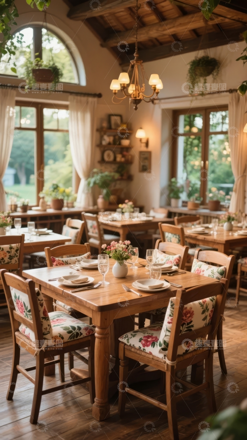 高清大图下载【趣麦麦图】温馨典雅的餐厅内部装饰有木质桌椅和绿植