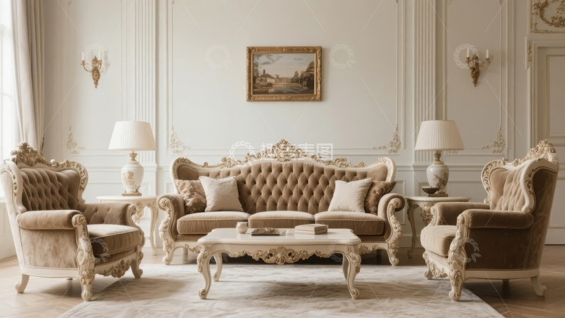 高清大图下载【趣麦麦图】古典风格客厅布置精美家具与装饰画