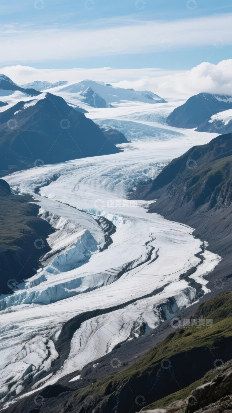 高清大图下载【趣麦麦图】-壮丽冰川蜿蜒于雪山之间蓝天白云映衬