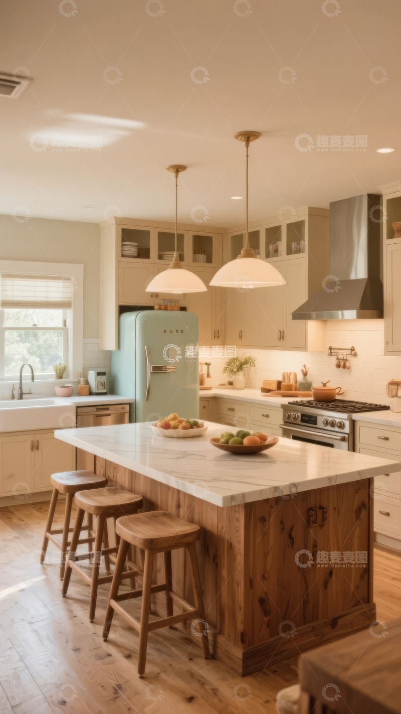 高清大图下载【趣麦麦图】现代厨房设计以木质岛台和浅绿色冰箱为特色