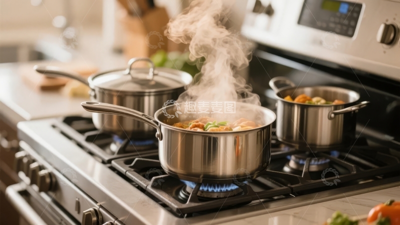 高清大图下载【趣麦麦图】厨房炉灶上三锅热气腾腾的菜肴