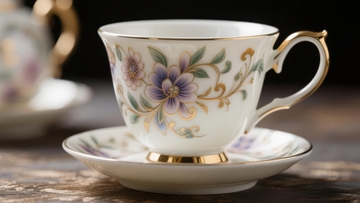 精美花卉图案陶瓷茶杯置于木质桌面