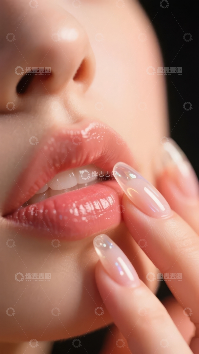 高清大图下载【趣麦麦图】特写镜头下的女性嘴唇与透明美甲