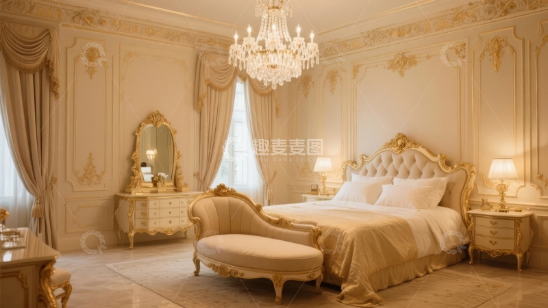 高清大图下载【趣麦麦图】豪华古典风格卧室装饰精美家具与华丽吊灯