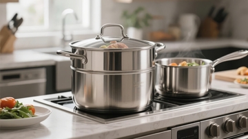 厨房灶台上不锈钢锅具烹饪食物场景