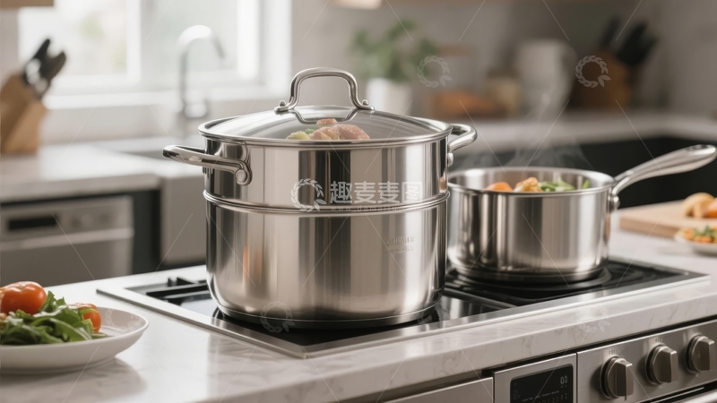 高清大图下载【趣麦麦图】厨房灶台上不锈钢锅具烹饪食物场景