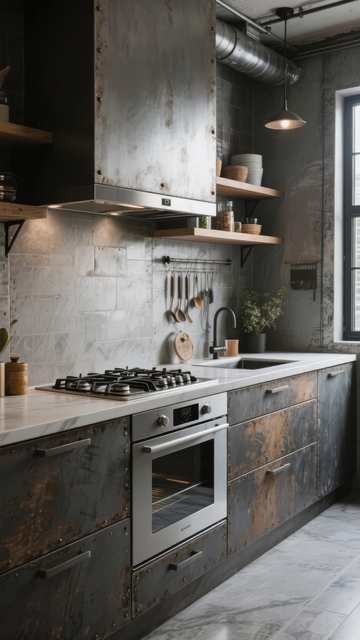 工业风厨房设计展示金属质感与砖墙装饰