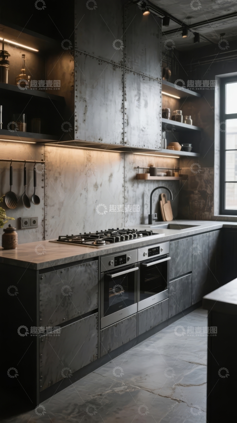 高清大图下载【趣麦麦图】现代工业风厨房设计展示混凝土墙面与开放式储物架
