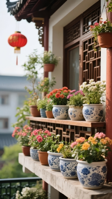 中式建筑阳台摆放多盆花卉装饰
