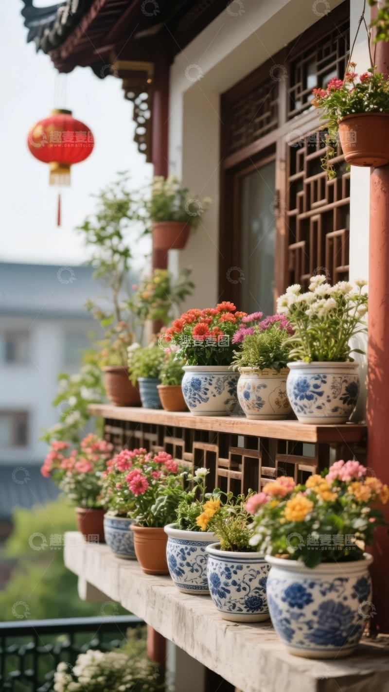 高清大图下载【趣麦麦图】-中式建筑阳台摆放多盆花卉装饰
