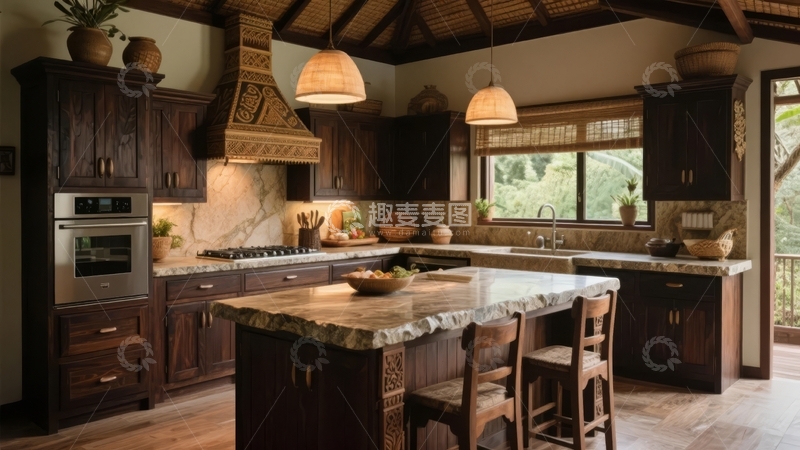 高清大图下载【趣麦麦图】豪华深色木质橱柜厨房配大理石台面和自然采光