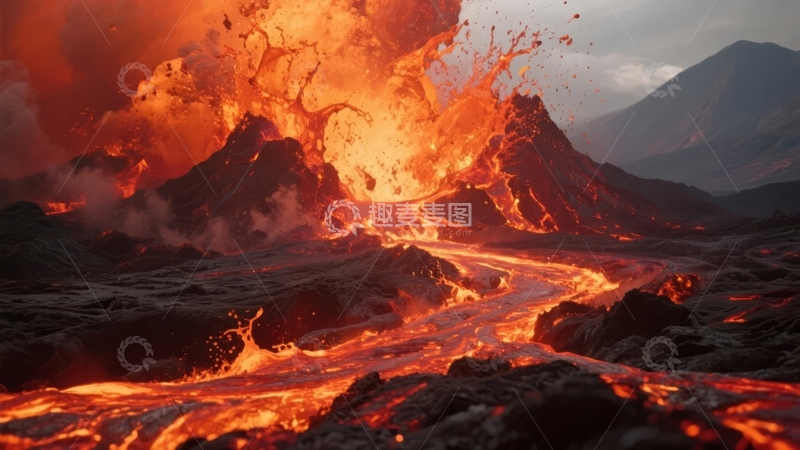 高清大图下载【趣麦麦图】-火山喷发熔岩流淌壮观自然景象