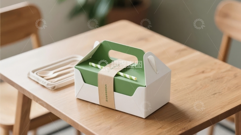 高清大图下载【趣麦麦图】绿色手提盒放置于木质餐桌之上
