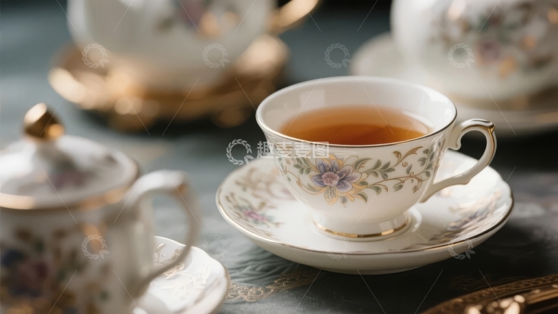 高清大图下载【趣麦麦图】精致茶杯盛放红茶置于古典风格桌面上