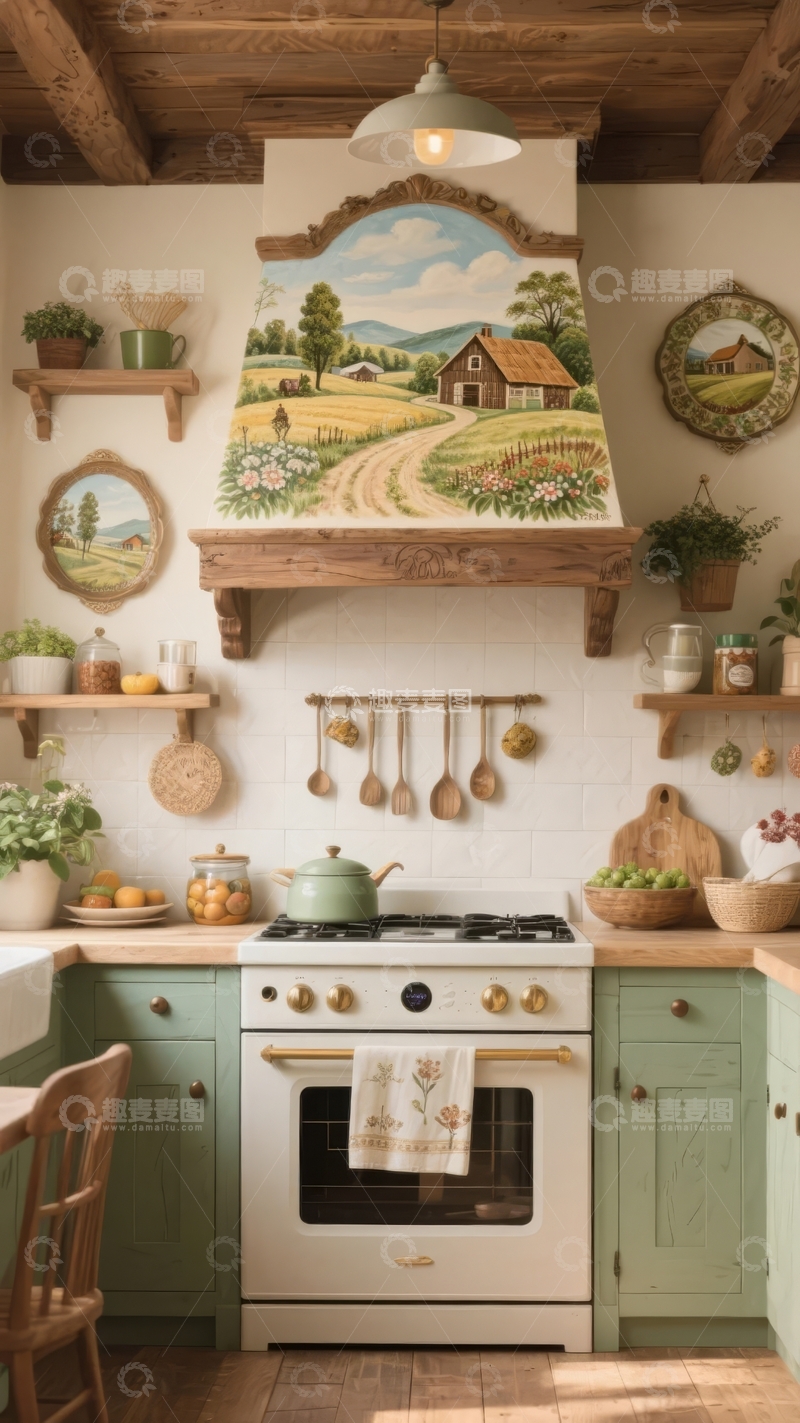 高清大图下载【趣麦麦图】乡村风格厨房装饰画与木质吊灯