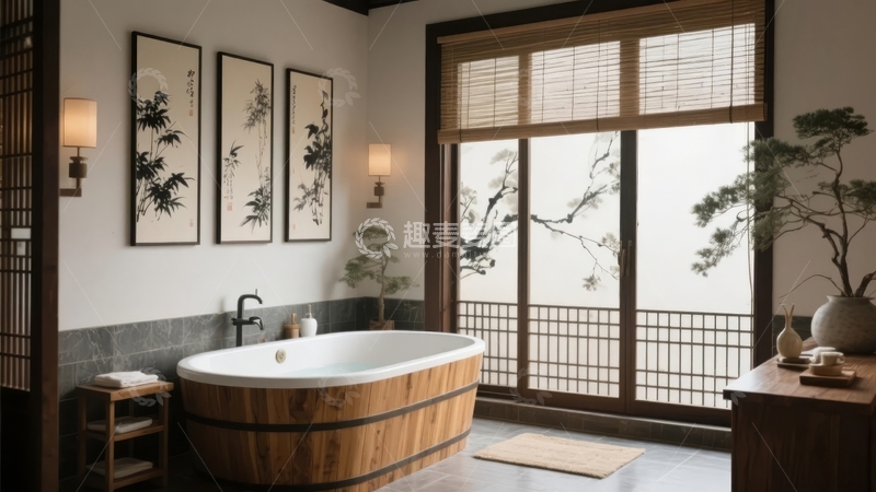 高清大图下载【趣麦麦图】日式风格浴室配备木质浴缸和竹林景观