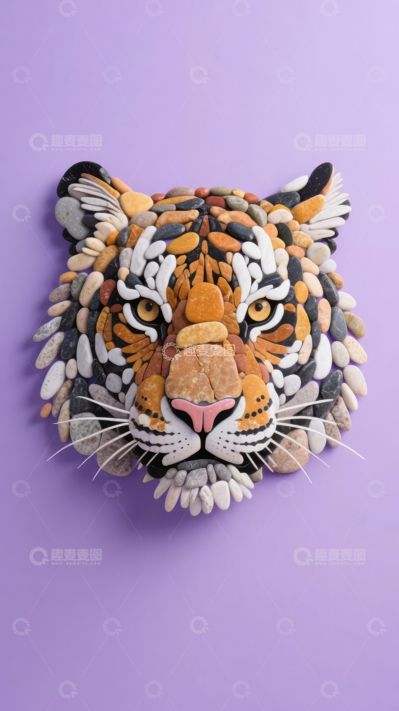 高清大图下载【趣麦麦图】由彩色石子拼成的老虎头像艺术作品