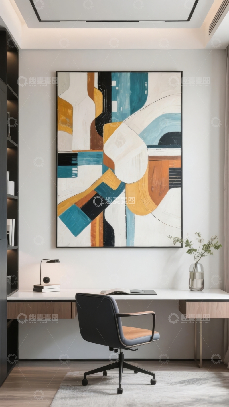 高清大图下载【趣麦麦图】现代简约风格客厅墙面挂有抽象艺术画作