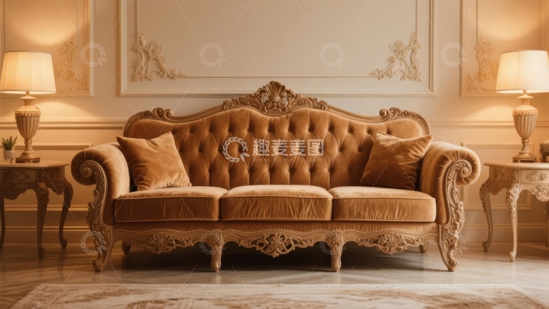 高清大图下载【趣麦麦图】古典风格沙发配两侧台灯的优雅室内场景