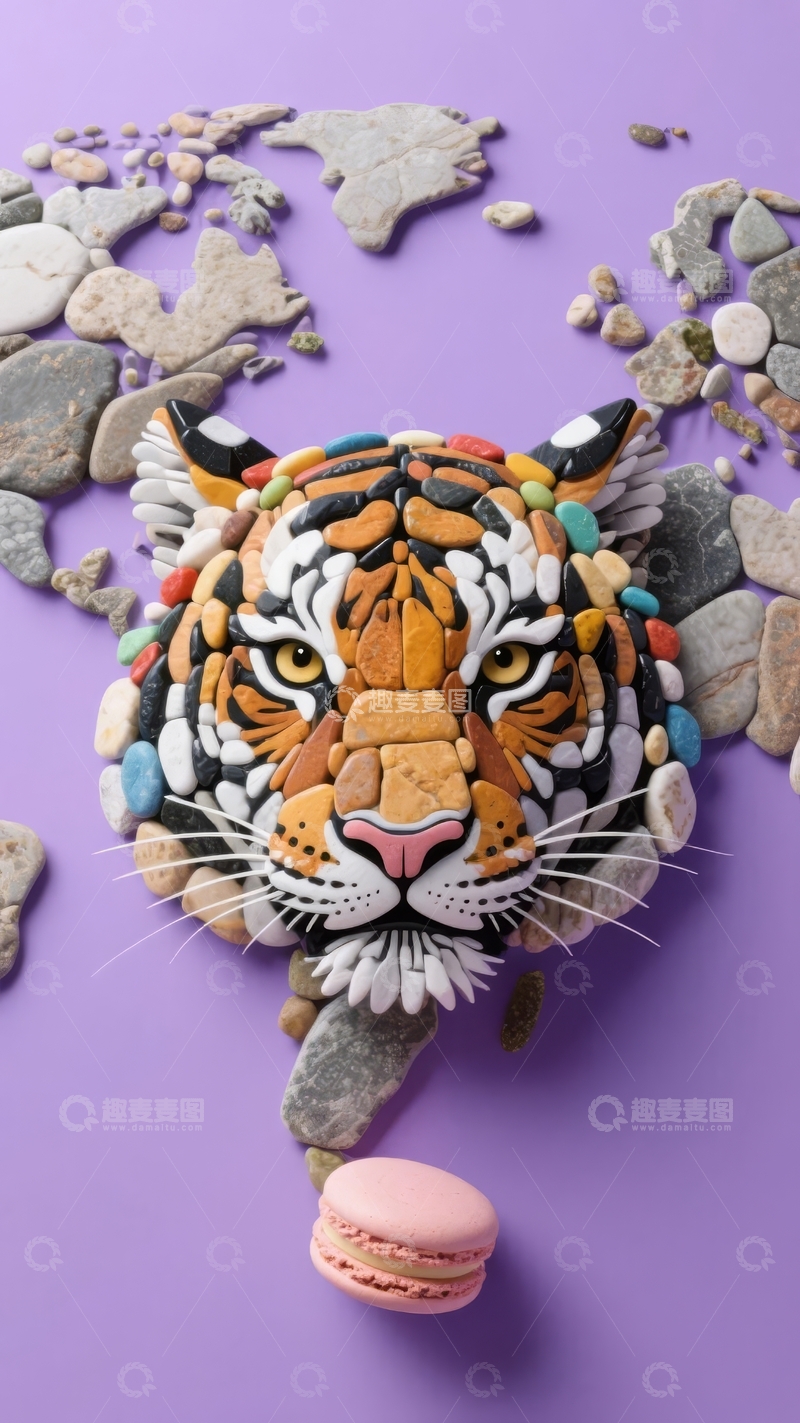 高清大图下载【趣麦麦图】世界地图拼接的老虎头像与粉色马卡龙