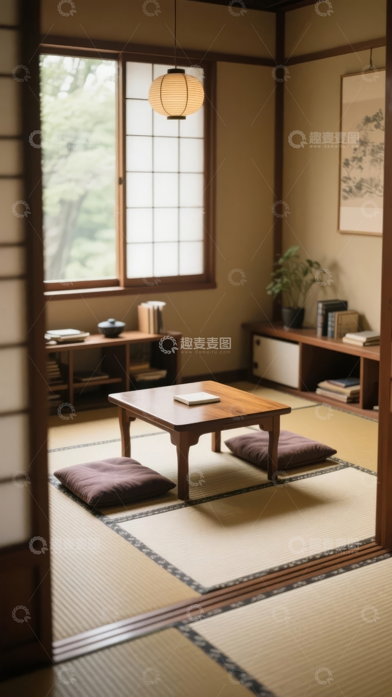 高清大图下载【趣麦麦图】日式传统房间内摆放着矮桌和坐垫