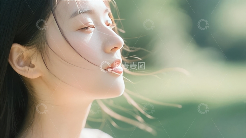 女子在户外微风中闭眼享受宁静时光